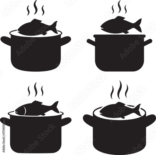 Four simple black silhouettes of pots with steaming fish silhouette