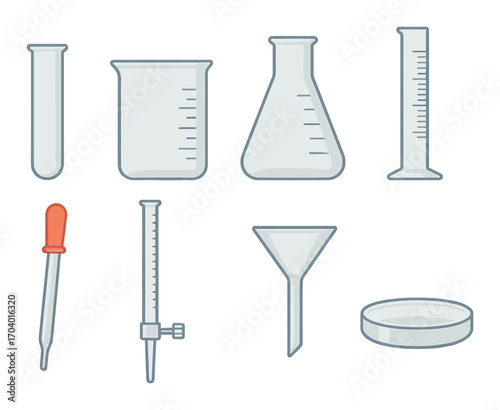 Laboratory glassware set: beaker, flask, test tube, graduated cylinder, pipette, petri dish, funnel