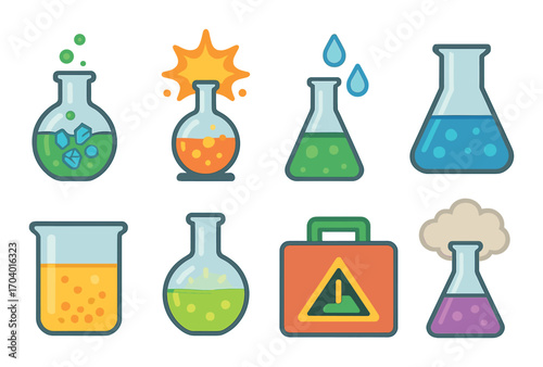 Colorful chemistry icons illustrating various laboratory equipment and chemical reactions