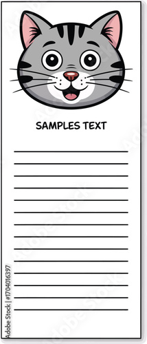 Cartoon cat notepad with lines and sample text for notes and reminders on a white background