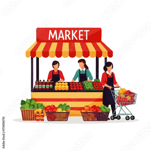 Cartoon illustration of a local farmers' market stall with vendors and a customer shopping for fresh produce.
