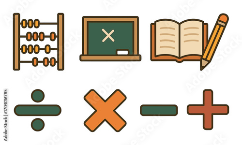 Mathematical education tools and symbols: abacus, blackboard, open book, pencil, arithmetic operations