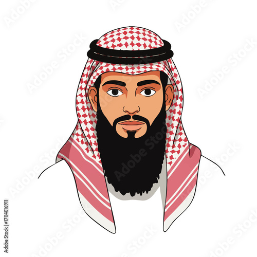 Cartoon Portrait of a Man with Beard Wearing a Red and White Shemagh