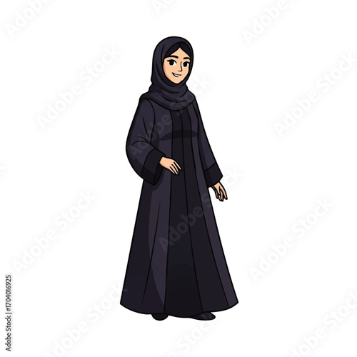 Cartoon Woman in Abaya and Hijab, Traditional Muslim Dress