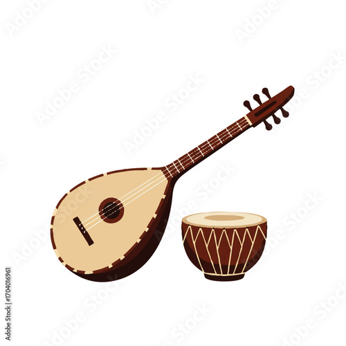Cartoon Sitar and Tabla Set, Traditional Indian Musical Instruments