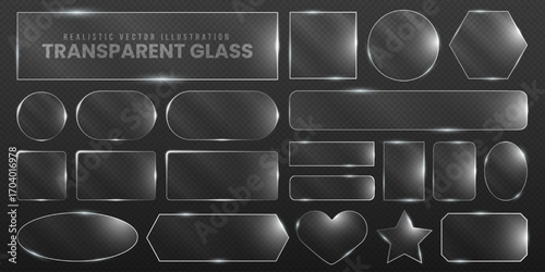Realistic 3d transparent glass plate, mirror, plastic and geometric pattern with rainbow light ray. Crystal symbol or hologram icon of heart, star and speech bubble. Glass set with holographic texture