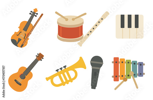 Colorful musical instruments: violin, drum, flute, piano, guitar, trumpet, microphone, xylophone