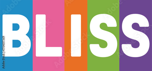 The word bliss in white letters on a background of colorful vertical rectangles graphic design