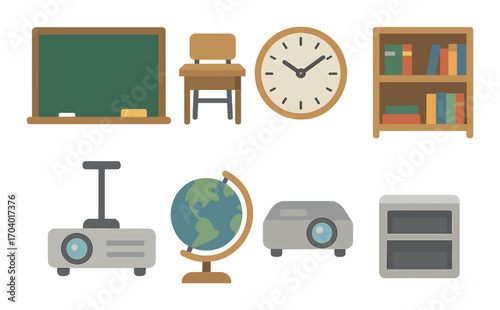 Classroom essentials: chalkboard, desk, clock, bookshelf, projector, globe, audio system