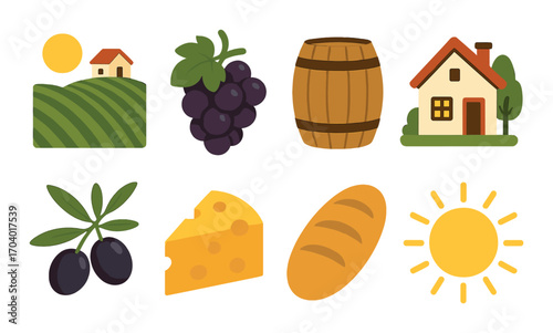 Sunlit countryside with fruit grapes barrel bread cheese and houses