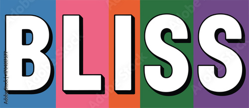 The word bliss in white letters with black shadow over colorful vertical stripes on a beige background
