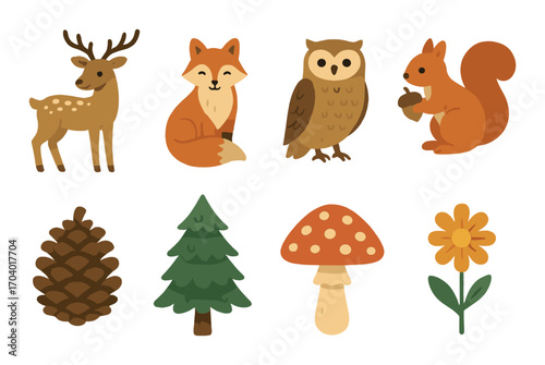 Whimsical woodland creatures and nature elements in soft pastels