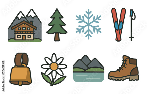 Winter mountain vacation icons: cabin, snowflake, ski, nature elements
