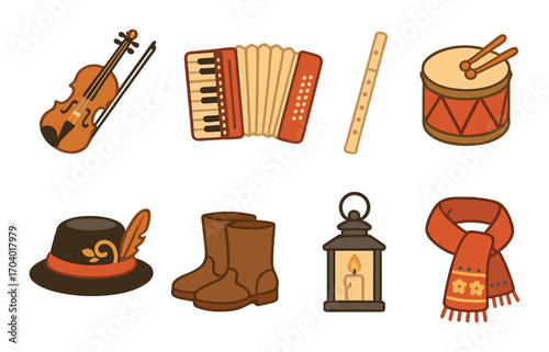 Folk music instruments and traditional accessories on warm background