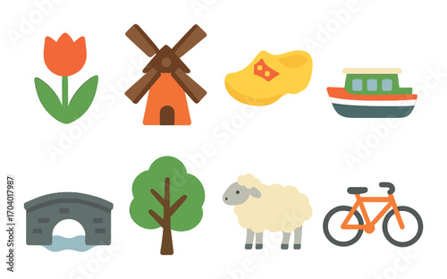 Colorful dutch icons: windmill tulip clog boat sheep bicycle bridge tree