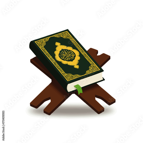 Closed Holy Quran with a green cover and gold Arabic calligraphy resting on a brown wooden rehal bookstand.