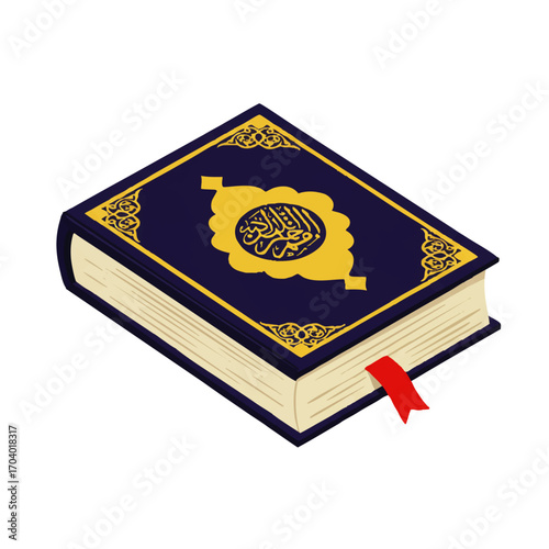 Closed Holy Quran with an ornate blue and gold cover featuring Arabic calligraphy and a red bookmark.
