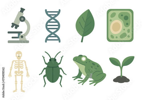 Science and nature icons: microscope, dna, leaf, cell, skeleton, insect, frog, plant