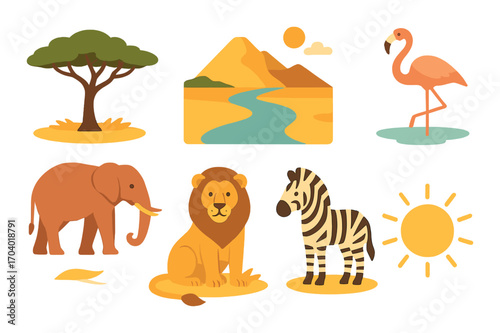 African safari animals with lion, zebra, and flamingo in vibrant landscape illustration