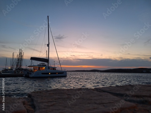 sunset in the harbor of Paros, Greece