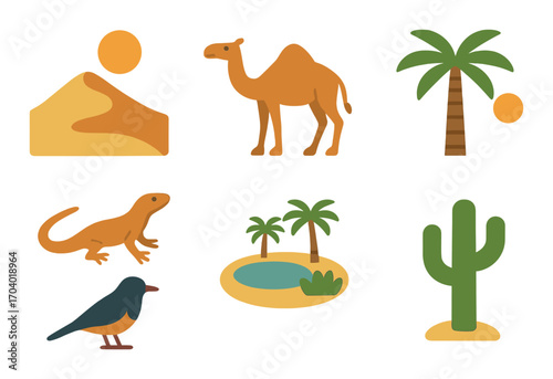 Desert elements: camel, cactus, oasis, palm trees, lizard, bird illustrations