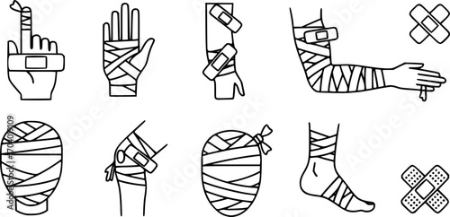Vector set of injury with bandage line icon set
