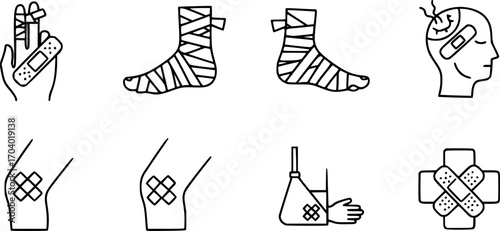 Vector set of injury with bandage line icon set
