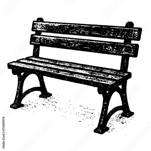 Classic black and white illustration of a traditional park bench, featuring slatted wood and sturdy cast-iron style metal legs, perfect for vintage outdoor seating designs, public space elements, or d