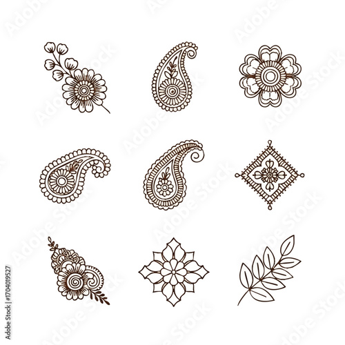 Collection of intricate brown henna tattoo design elements featuring paisley, floral, and leaf motifs.