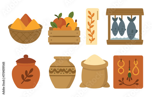 Colorful fruit and fish display with decorative storage jars and ceramics