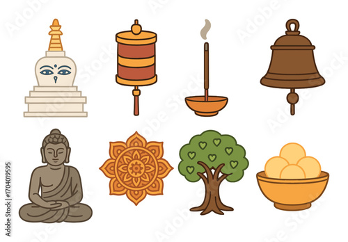 Symbols of buddhism: stupa, prayer wheel, incense, meditation buddha, mandala, bell, bodhi tree, offering bowl