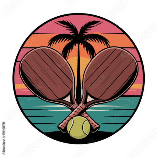 Retro Beach Paddleball with Palm Tree Sunset – Vintage Summer Sports Logo, Tropical Ocean Illustration, Coastal Tennis Badge Design