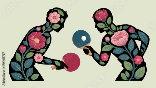 Creative Floral Silhouettes Playing Table Tennis – Botanical Sports Illustration, Nature Concept, Modern Art Vector