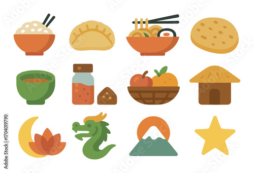Colorful icons of asian cuisine and cultural symbols