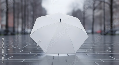 A pristine white umbrella lies open and abandoned on a glossy, wet pavement, reflecting the serene yet somber atmosphere of a rainy day in a blurred urban park