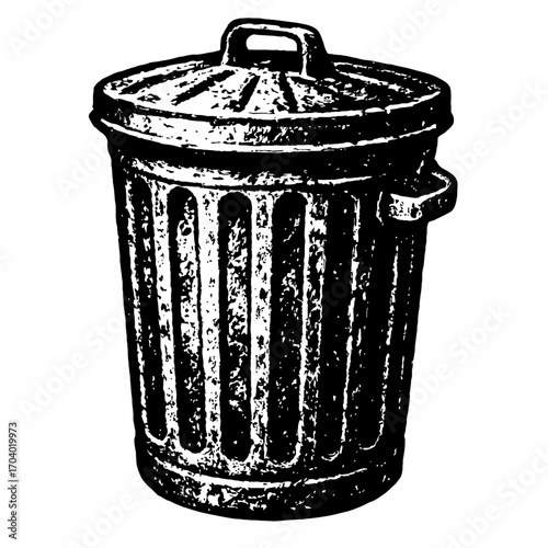 Vintage Galvanized Metal Garbage Can with Lid and Handles - Classic Industrial Waste Bin for Outdoor Refuse Disposal & Urban Sanitation Needs - Detailed Black & White Line Art Illustration for Design