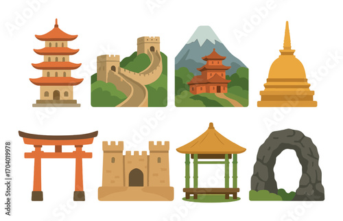 Set of iconic asian landmarks featuring temples and historic structures