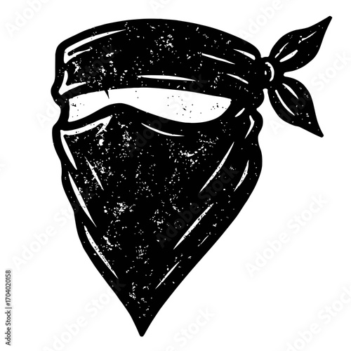 Gritty Black and White Bandana Face Mask Illustration, capturing an iconic rebel look with visible eyes and a vintage grunge texture. Perfect for urban streetwear, edgy apparel, outlaw themes, and gra