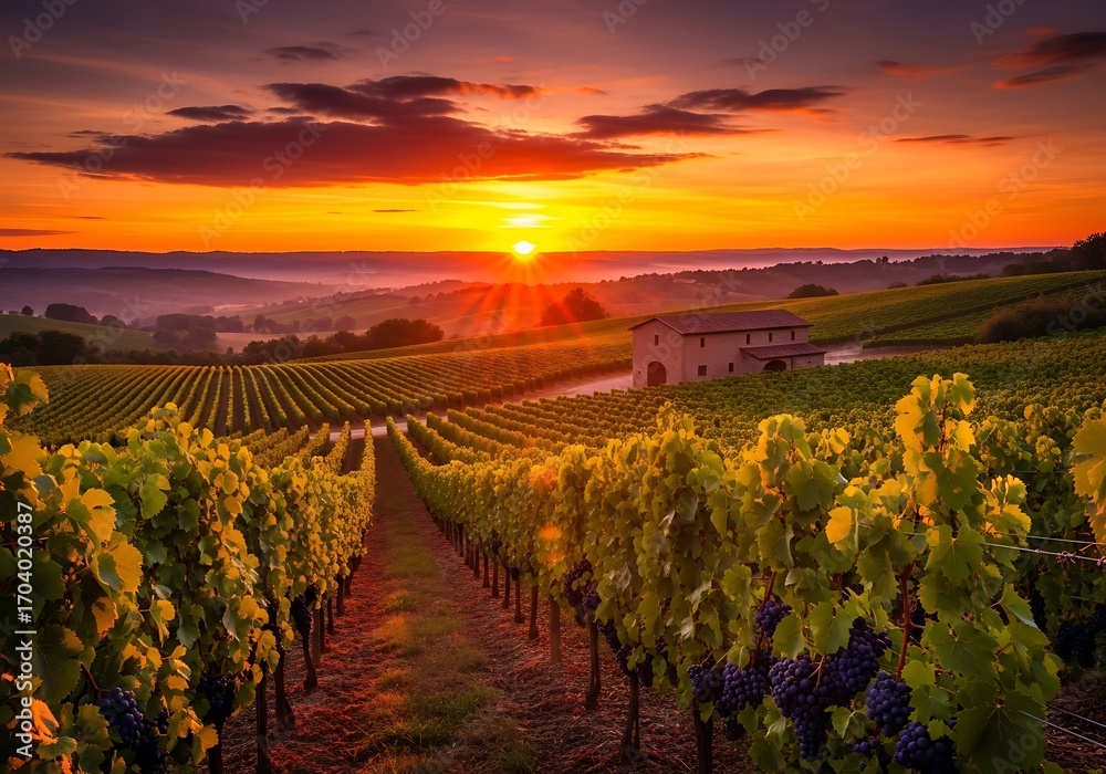 Fototapeta premium Golden hour over the vineyard, countryside vineyards at magical sunset