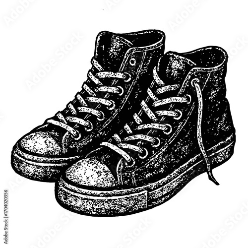 Monochrome High-Top Canvas Sneakers, Vintage Ink Illustration, Black and White Athletic Shoes, Distressed Grunge Style Footwear Sketch, Retro Streetwear Apparel Design Element, Urban Fashion Graphic A
