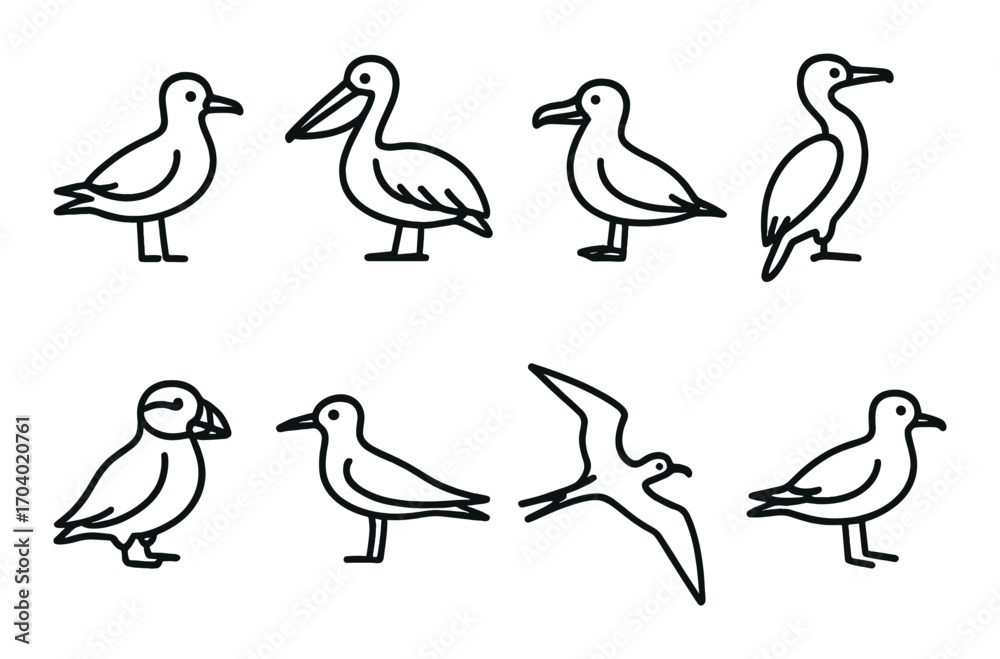 Naklejka premium Outline illustrations of various bird species on a dark background