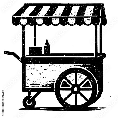 Distressed retro black & white illustration of a classic street food cart with striped awning, large spoked wheel, small caster, and condiment bottles. Ideal for vintage market designs, mobile vending
