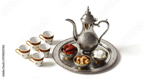 Ornate Silver Coffee Pot with Cups, Dates, and Sugar Cubes