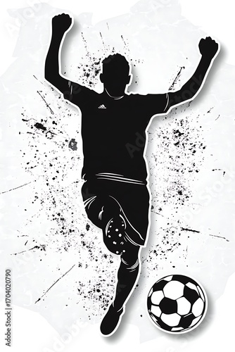 Silhouette of a Soccer Player Celebrating a Goal with a Soccer Ball on a Grunge Backdrop