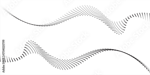Flowing dots particles wave pattern 3D curve halftone black gradient curve shape isolated on white background. Vector in concept of technology, science, music, modern vector wave