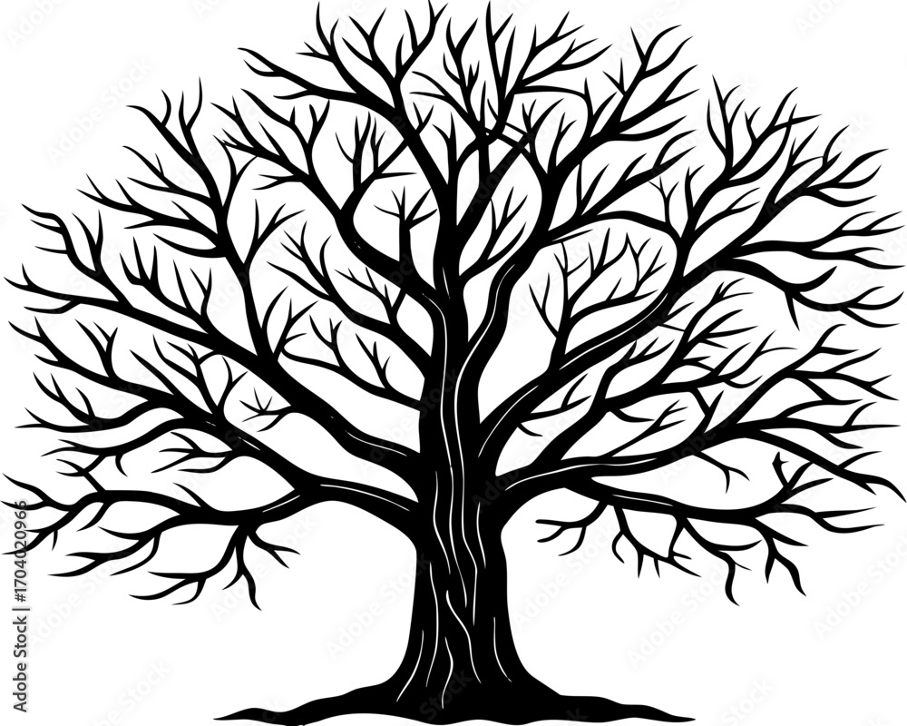 Obraz premium Autumn Tree Bare Branches Silhouette, Seasonal Thanksgiving Linocut SVG