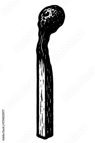 Monochrome illustration: A solitary, spent matchstick, its wooden body blackened, head charred and bubbled from ignition, depicting the aftermath of fire with stark black and white contrasts, showcasi