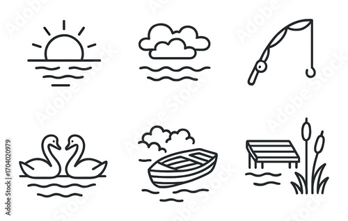 Minimalist line art icons of nature and fishing scenes on metallic background
