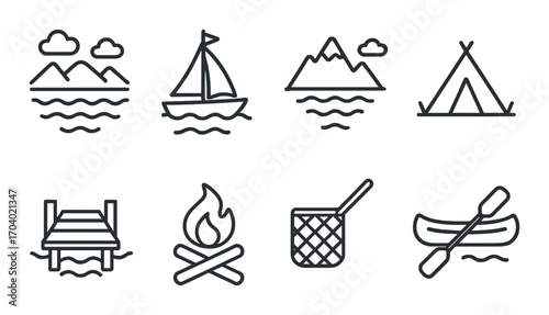 Outline icons of nature and camping: boat, mountain, tent, dock, campfire, fishing, canoe