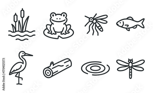 Wetland fauna and flora: frog, dragonfly, heron, fish, and mangrove icons